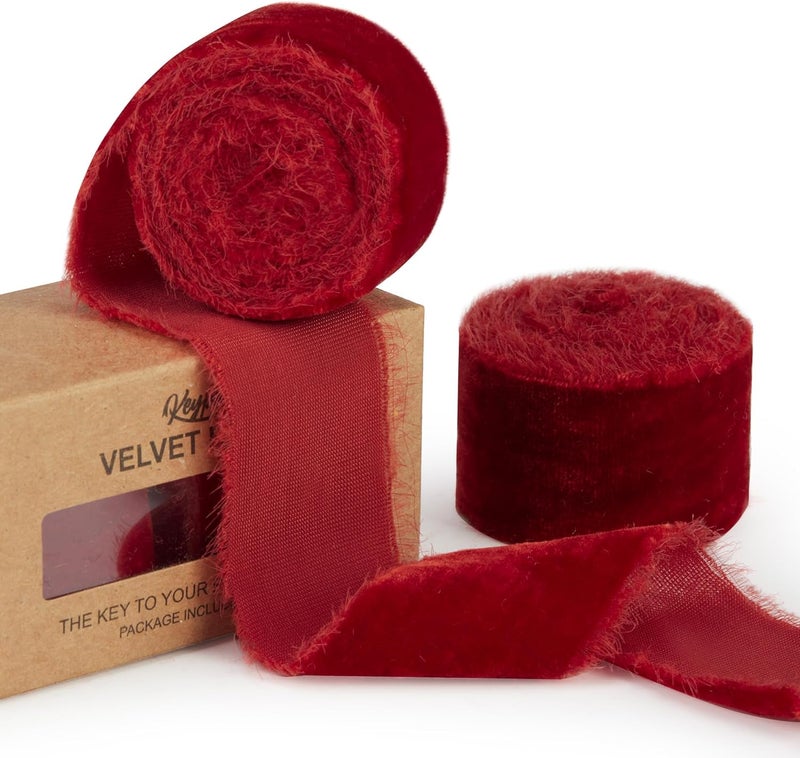 Keypan Red Velvet Ribbon for Christmas Tree - 1 1/2 inch Wide Handmade Fringe Fabric Ribbons for Gift Wrapping, Baby Shower, Flower Bouquet - Image 1